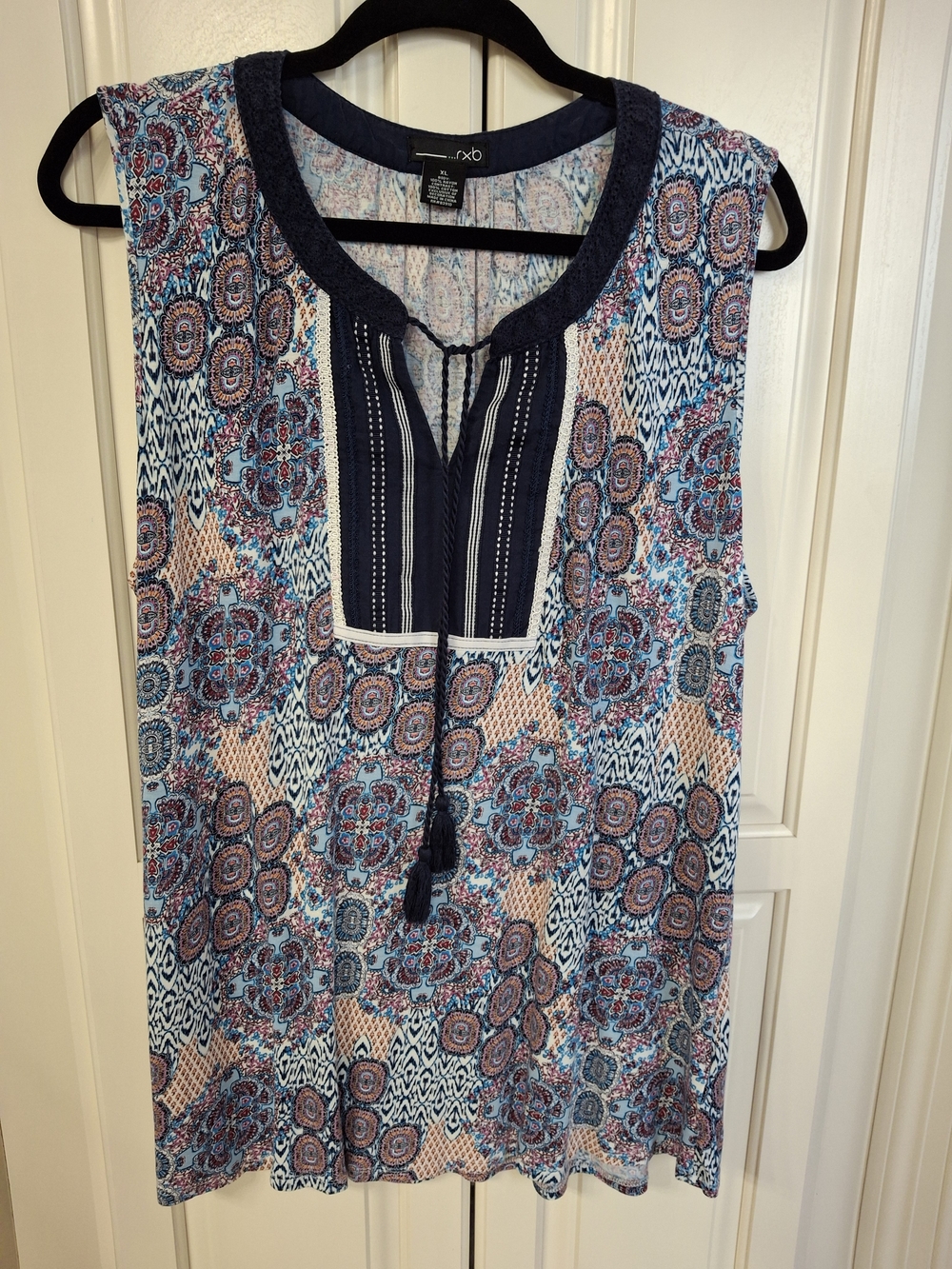 RXB Sleeveless Boho Tank in Navy, Coral and Light Blue